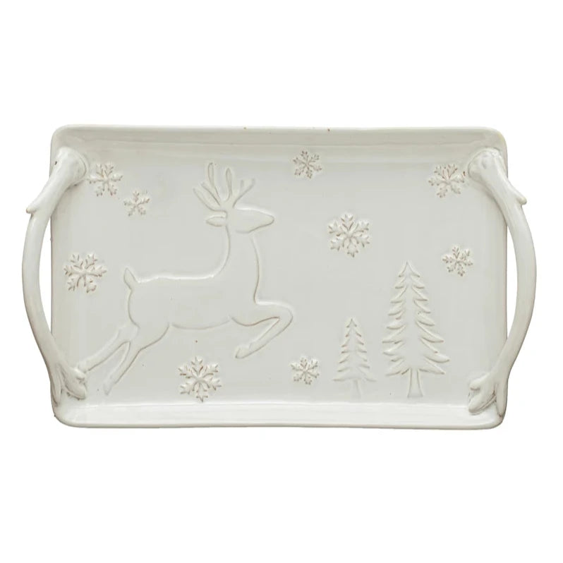 Stoneware Tray w/ Deer, Snowflakes & Trees, Reactive Glaze