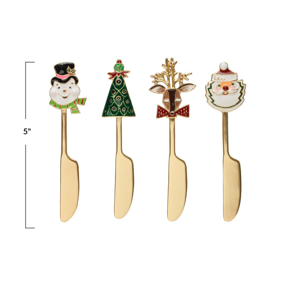 5"L Canape Knife w/ Enameled Holiday Icon Handle, S/4