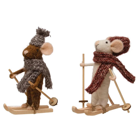 Wool Felt Skiing Mouse w/ Knit Hat & Scarf, Multi Color, 2 Styles, 3.5" x 2.8"