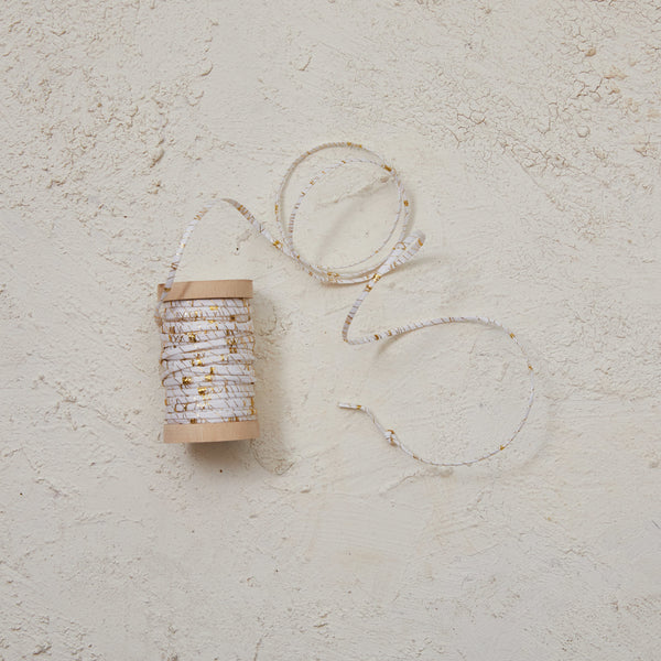 10 Yard Raffia Wired Ribbon w/ Metallic Thread on Wood Spool, White & Gold Colour