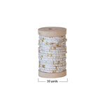 10 Yard Raffia Wired Ribbon w/ Metallic Thread on Wood Spool, White & Gold Colour