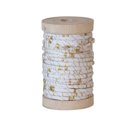 10 Yard Raffia Wired Ribbon w/ Metallic Thread on Wood Spool, White & Gold Colour