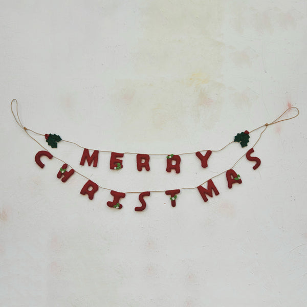 Wool Felt Garland w/Holly Berries & Merry Christmas, 30"L