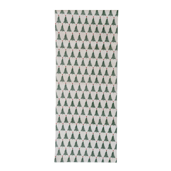 Stonewashed Cotton Printed Runner w/Christmas Trees
