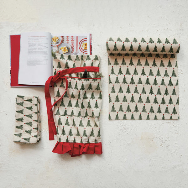 Stonewashed Cotton Printed Runner w/Christmas Trees
