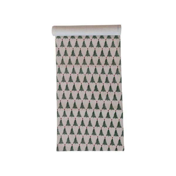 Stonewashed Cotton Printed Runner w/Christmas Trees