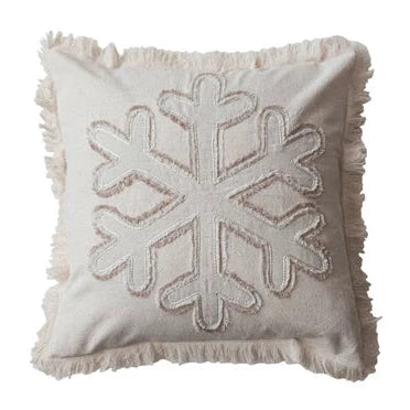 Snowflake Woven Cotton & Linen Pillow w/ Fringe, Cream, 18" x 18"