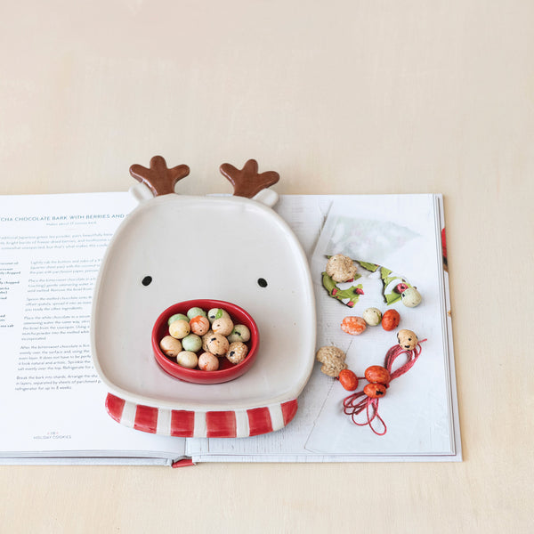 Stoneware Reindeer Shaped Platter w/Dish