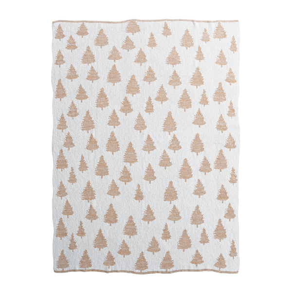 Cotton Knit Throw with Trees & Metallic Gold Thread
