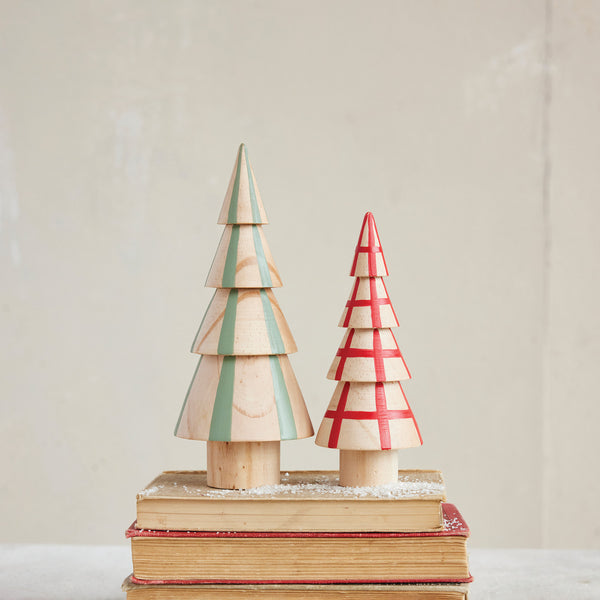 Hand-Painted Wood Tree with Stripes, Natural & Green
