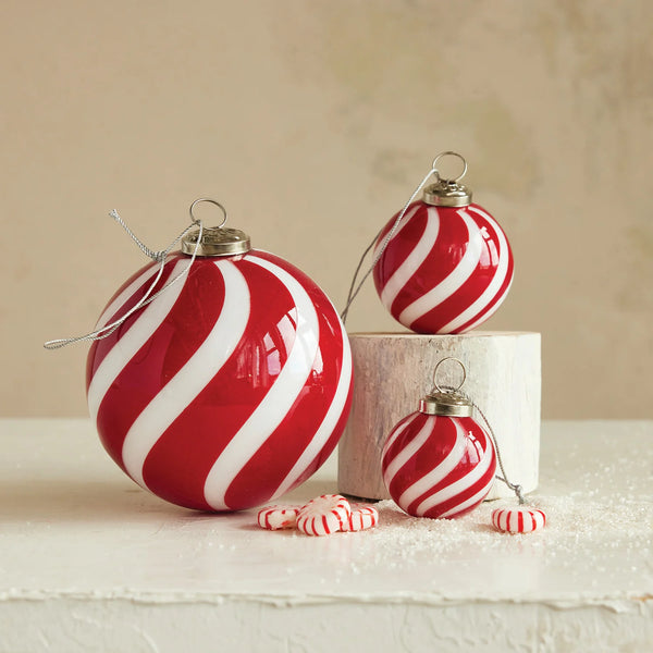 Glass Ball Ornament with Swirled Stripes, Red & White