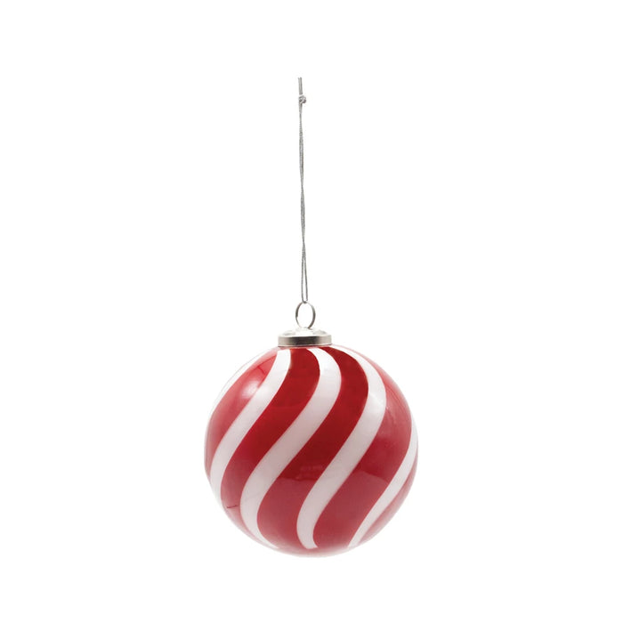 Glass Ball Ornament with Swirled Stripes, Red & White