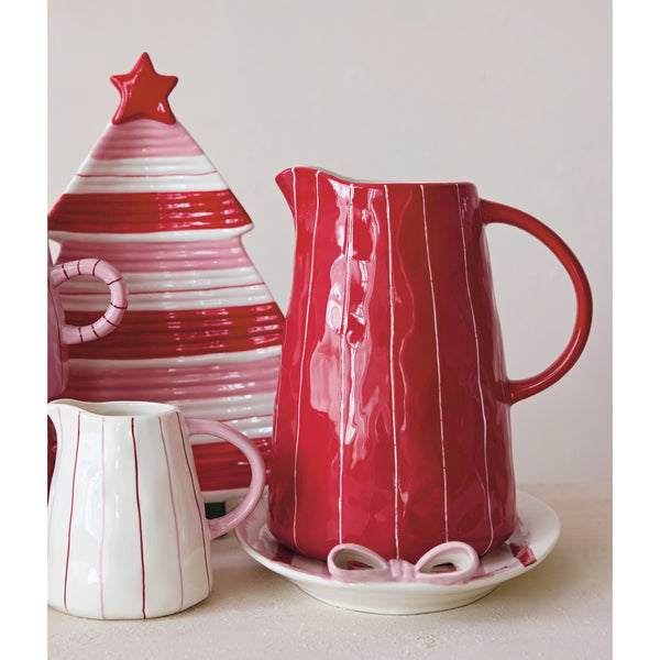 2 Qt Hand-Painted Stoneware Striped Pitcher