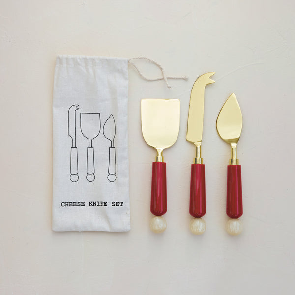 Cheese Knives with Marbled Resin Handles, S/3
