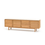 Yorke Media Cabinet, Light Oak with Travertine Top, 78.75" W × 17.75" D × 28" H