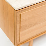 Yorke Media Cabinet, Light Oak with Travertine Top, 78.75" W × 17.75" D × 28" H
