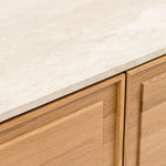 Yorke Media Cabinet, Light Oak with Travertine Top, 78.75" W × 17.75" D × 28" H