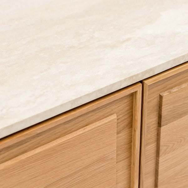 Yorke Media Cabinet, Light Oak with Travertine Top, 78.75" W × 17.75" D × 28" H