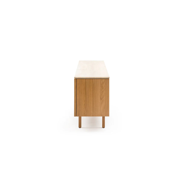 Yorke Media Cabinet, Light Oak with Travertine Top, 78.75" W × 17.75" D × 28" H