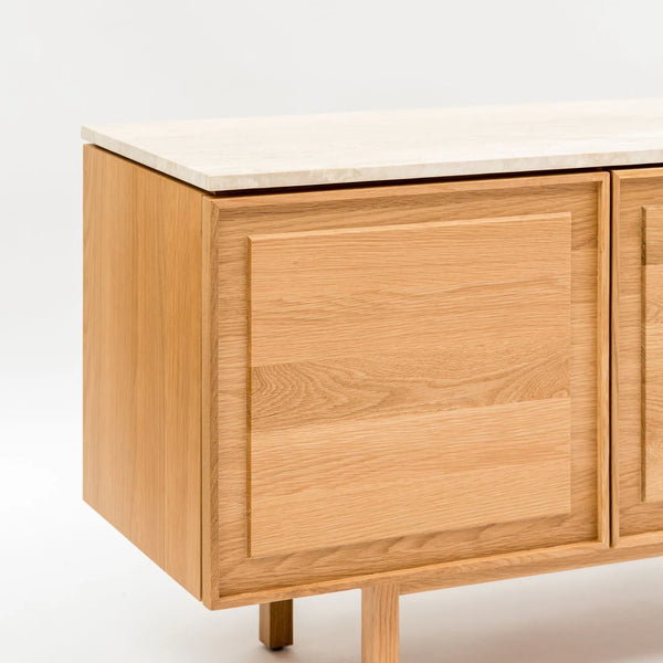 Yorke Media Cabinet, Light Oak with Travertine Top, 78.75" W × 17.75" D × 28" H