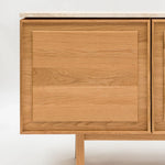 Yorke Media Cabinet, Light Oak with Travertine Top, 78.75" W × 17.75" D × 28" H
