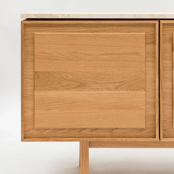 Yorke Media Cabinet, Light Oak with Travertine Top, 78.75" W × 17.75" D × 28" H