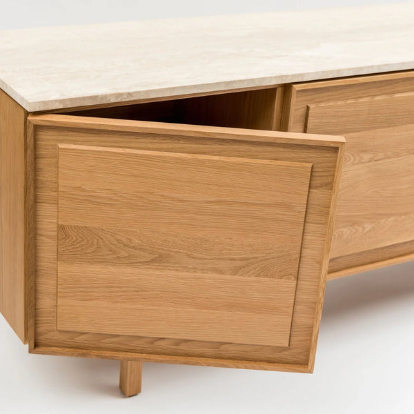 Yorke Media Cabinet, Light Oak with Travertine Top, 78.75" W × 17.75" D × 28" H