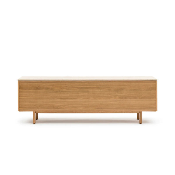 Yorke Media Cabinet, Light Oak with Travertine Top, 78.75" W × 17.75" D × 28" H