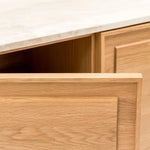 Yorke Media Cabinet, Light Oak with Travertine Top, 78.75" W × 17.75" D × 28" H