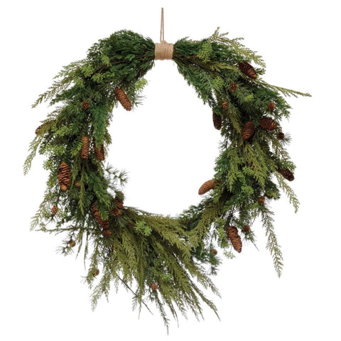 Faux Pine Wreath with Pinecones and Jute Hanger