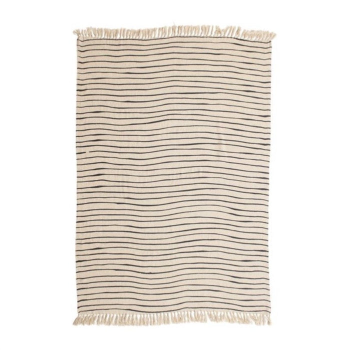 Woven Recycled Cotton Blend Throw w/ Stripes & Tassels, Black & Cream