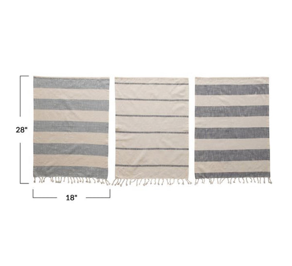 Cotton Tea Towels With Stripes &Tassels, Blue & White, S/3