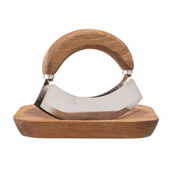 Acacia Wood & Stainless Steel Mezzaluna w/ 8" Square Cutting Board, Set of 2