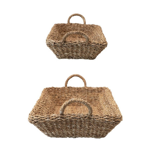 Decorative Hand-Woven Seagrass Double Walled Trays w/ Handles, Natural-S/2