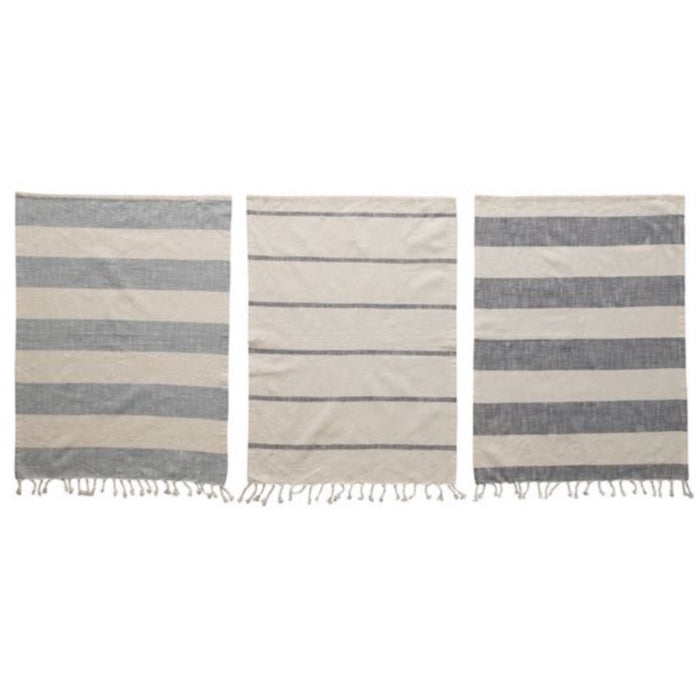 Cotton Tea Towels With Stripes &Tassels, Blue & White, S/3