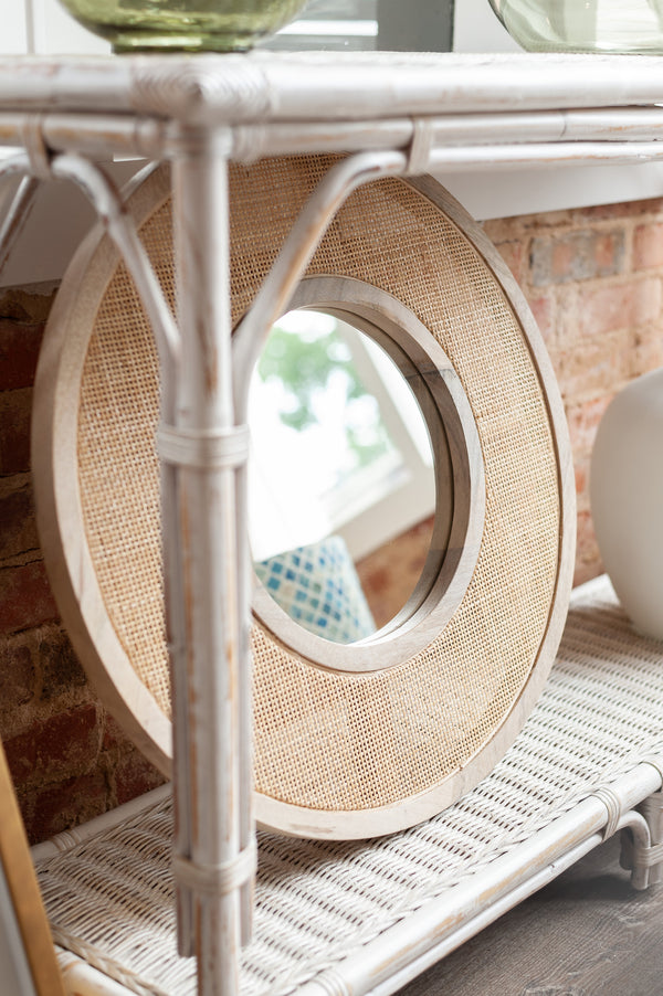 Everly 24" Round Mirror, Wood/Cane