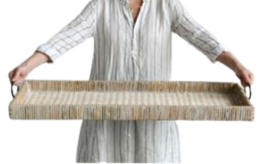 Decorative Rattan Tray W/ Metal Handles