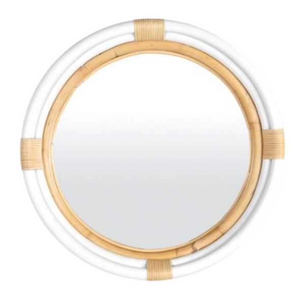 24" Marina Round Rattan Mirror, White