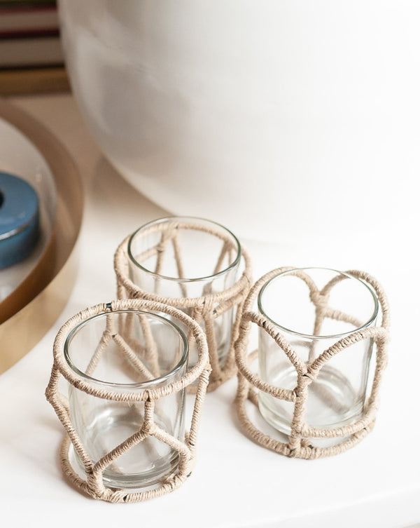 Amine Jute & Metal Votive Holders, Set of 3