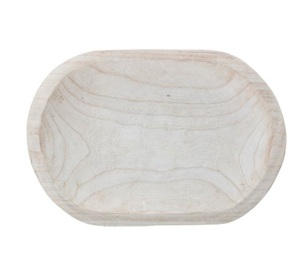 Decorative Hand-Carved Paulownia Wood Bowl, Whitewashed