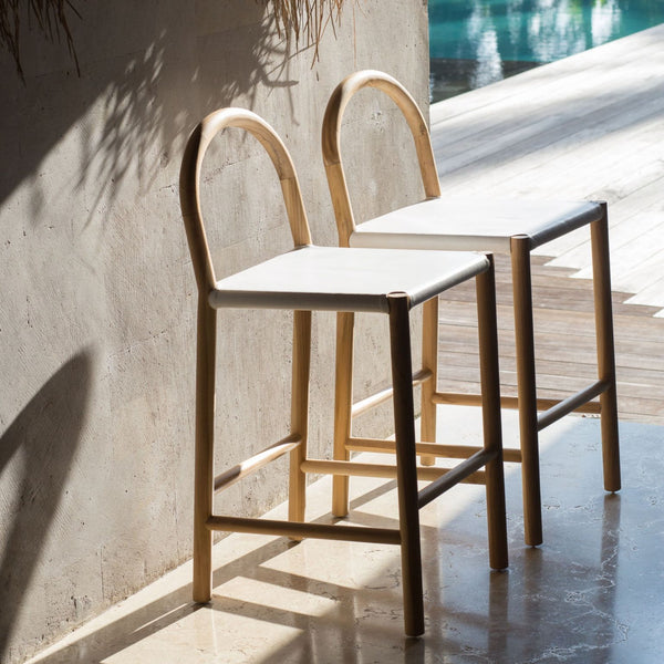 Julia Barstool, White Leather w/ Natural Teak Wood