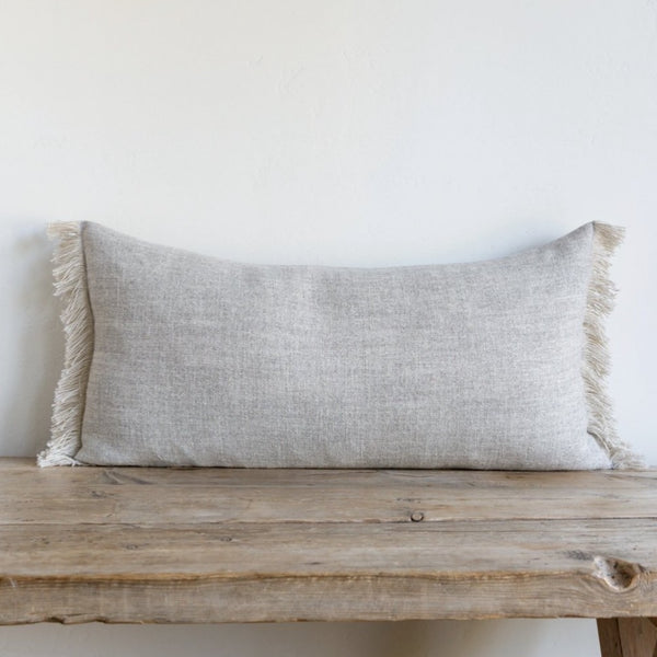 Gray Belgian Linen Fringe Pillow, 16" x  32"
