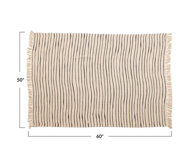 Woven Recycled Cotton Blend Throw w/ Stripes & Tassels, Black & Cream