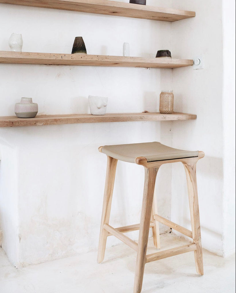 Neal Counter Stool Nel Counter Stool, Bone Leather w/ Natural Teak Wood – Anna Hislop Home