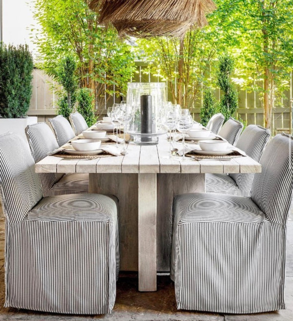 Reclaimed Teak Lightened Outdoor Dining Table, T-Base, 96"L x 38"W