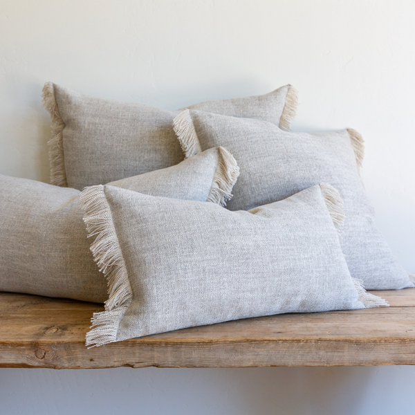 Gray Belgian Linen Fringe Pillow, 12" x 20" (Lumbar)