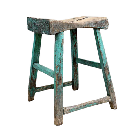 Antique Stool in Faded Green, 15" x 11" x 21"