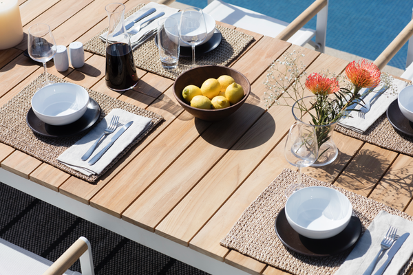 Pacific Teak Extendable Dining Table - Natural Aluminum Frame, 95"W (extends to 129"W) x 39"D