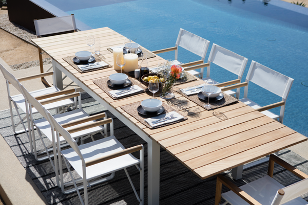 Pacific Teak Extendable Dining Table - Natural Aluminum Frame, 95"W (extends to 129"W) x 39"D