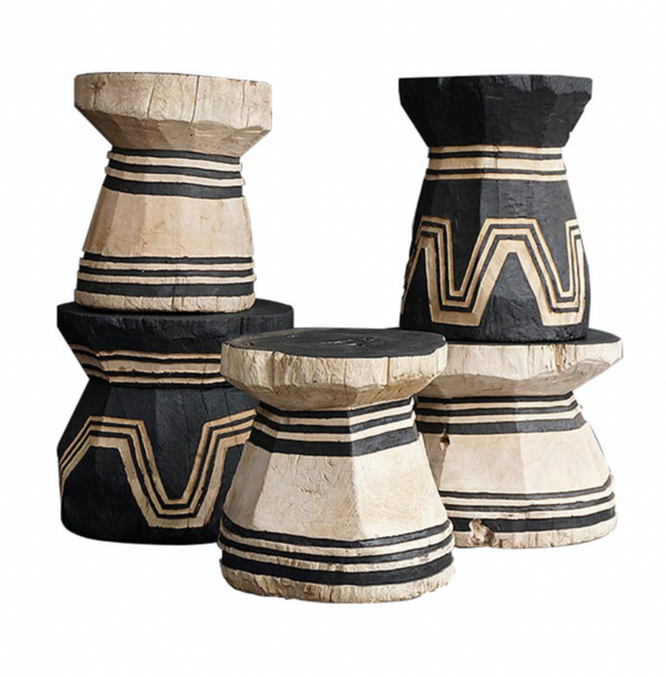 Javanese Teak Lesung Stool, Natural Body in Charcoal Carving
